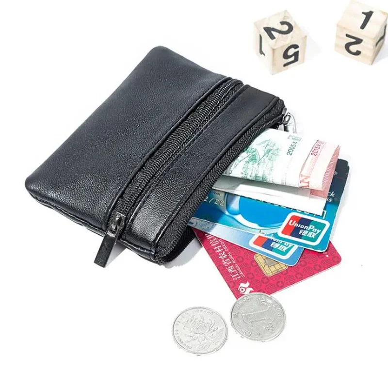 Men's Black Leather Coin Purse Single Zipper Multi-Function Mini Wallet for Mobile Phone And Coins