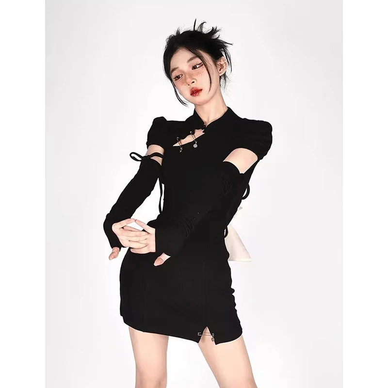 Women Mini Dress Lace Up Bandage Slim Short Dresses Black High Street Soft Elastic Sexy Hollow Out Elegant Clothes 2024