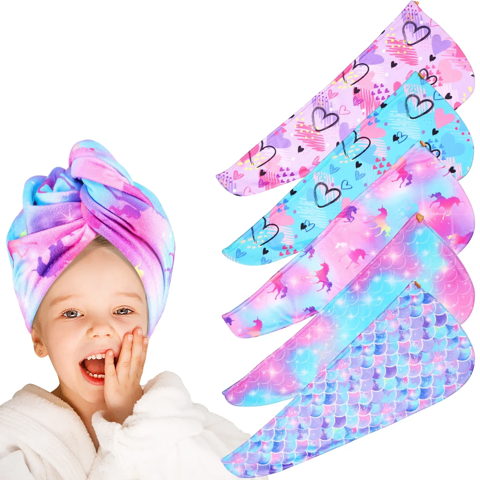 

5Pcs Hair Towel Wrap Stong Absorbent Hair Drying Towel with Button Soft Comfortable Hair Turban Colorful Cute Hair Towel NEW