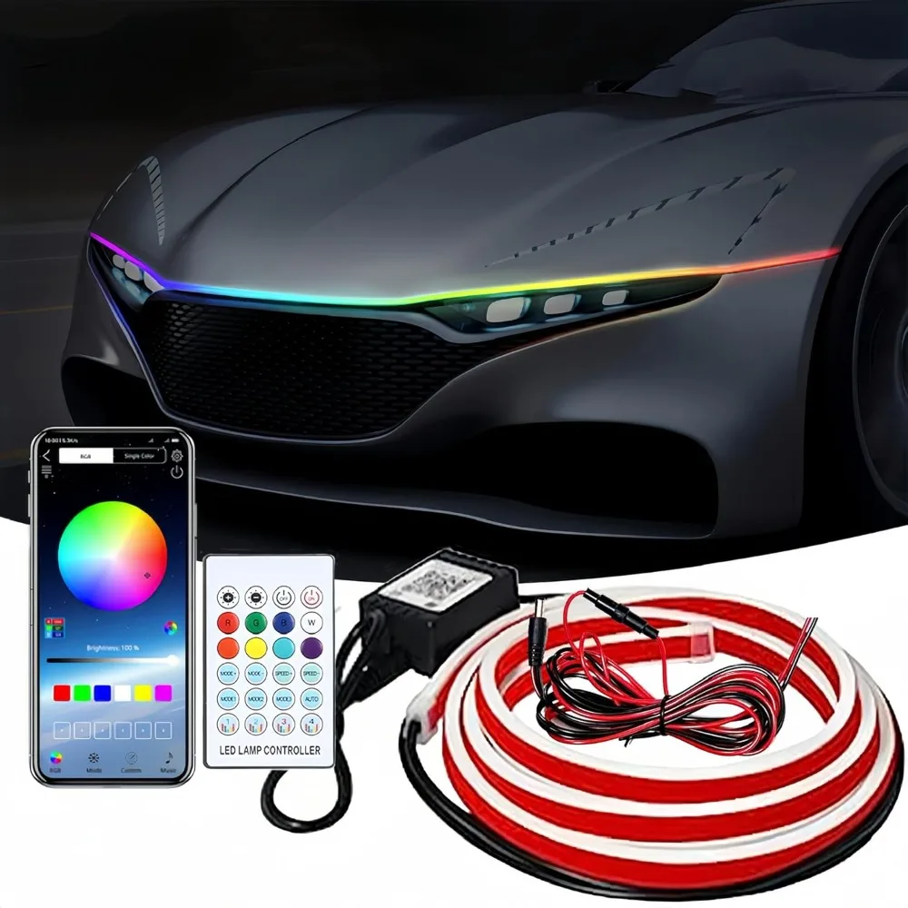 

car led hood lights,multicolor 120modes (70 inch) 12v, engine hood cover daytime running light strip,multi color neon light kit