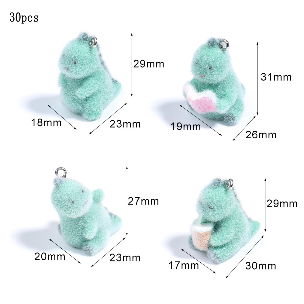 

30pcs Flocking resin charms 3D Cartoon Dinosaur Pendant for make Keyring necklace Lovely Bag Backpack Decoration Accessories