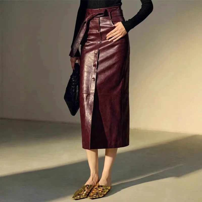 Retro Oil-wax Sheepskin Leather Skirt for Women Glossy Single-breasted Wine Red Long Jupe Femme Lace-up Front Slit Saia Longa