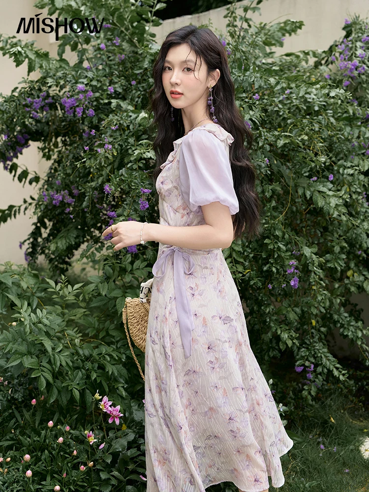 MISHOW Women's Purple Floral Dress 2024 Summer Korean Tea Break Round Neck Ruffled Dresses Waist Lace-up Long Dress MPD21L1849