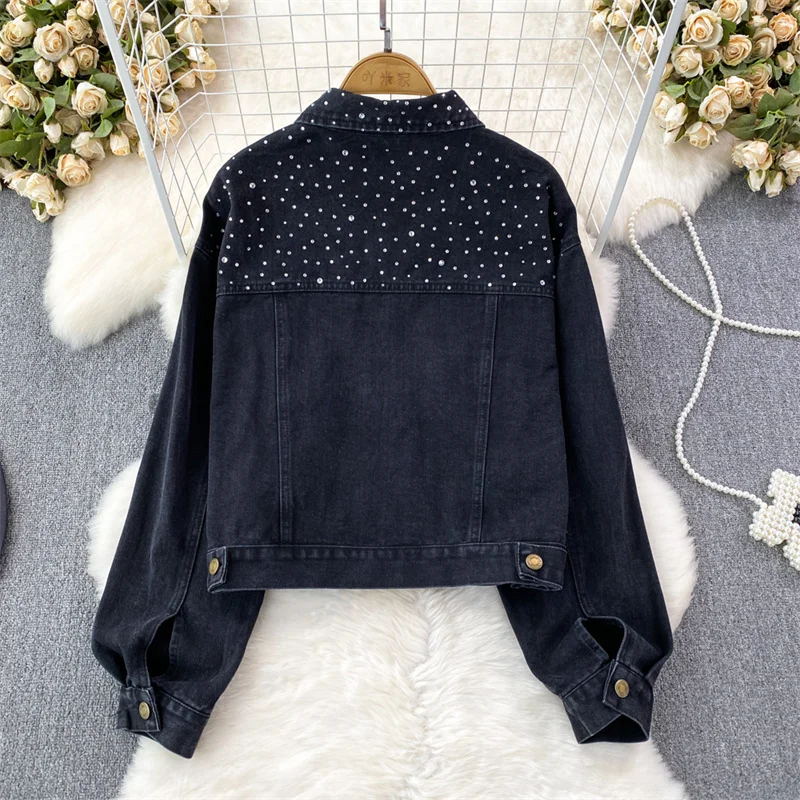 Jaket Denim pendek wanita longgar Korea jaket Jeans wanita lengan panjang kasual Lapel berlian biru hitam jaket Denim pendek musim semi musim gugur wanita