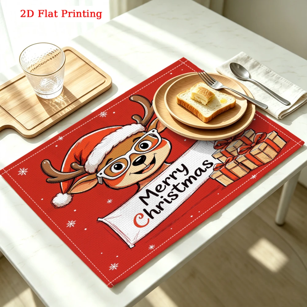 Cute Reindeer Holding Merry Christmas Banner Kitchen Placemat Coaster Linen Pad Dish Coffee Cup Table Mat 30x40cm Home Decor