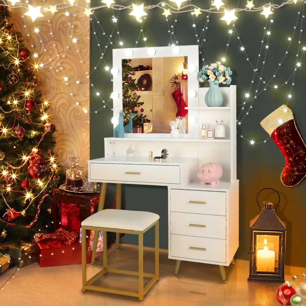 

Vanity Table Set Mirror 4 Drawer Dresser Desk Bedroom Makeup Dressing