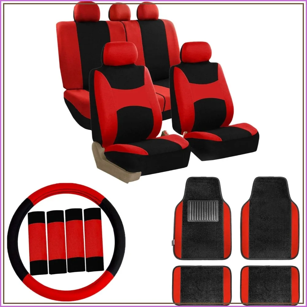 

Universal Car Seat Covers Full Set with Floor Mats, Steering Wheel Cover & Seat Belt Pads - Red, Fits Cars Trucks SUVs
