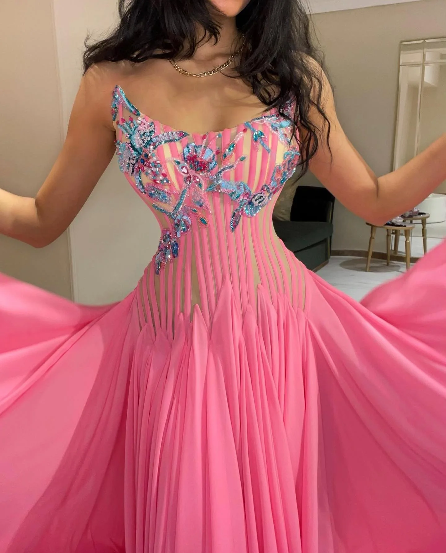 Vestidos de graduación con cuello redondo, línea A, sin mangas, cuentas rosas, ocasión Formal, Vestidos de noche, Vestidos Elegantes Para Mujer