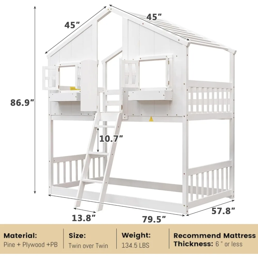 House Bunk Bed Twin Over Twin for Kids, Wood Bunk Beds with Roof, Windows, Window Box and Small Door, Floor Bunk Beds