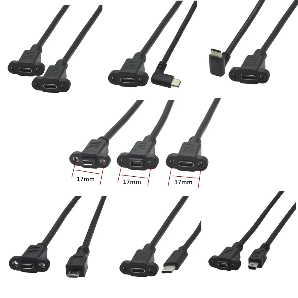 Micro Type USB USB 2.0 Male Connector To Type-c Mini USB 5pin Female Extension Cable Pitch 17mm With Screws Panel Mount Hole