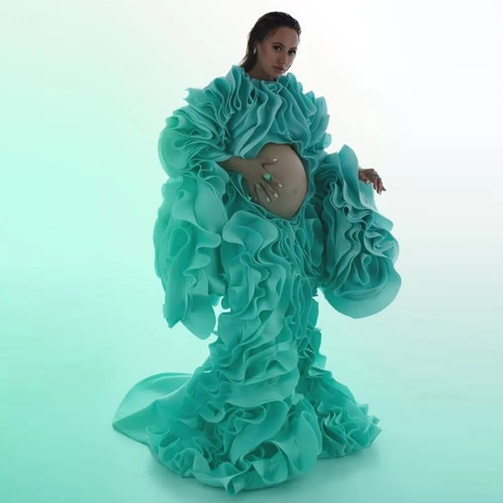 Turquoise Organza Ruched Pregnant Women Dresses To Photoshoots Long Maternity Women Dress Formal Dress