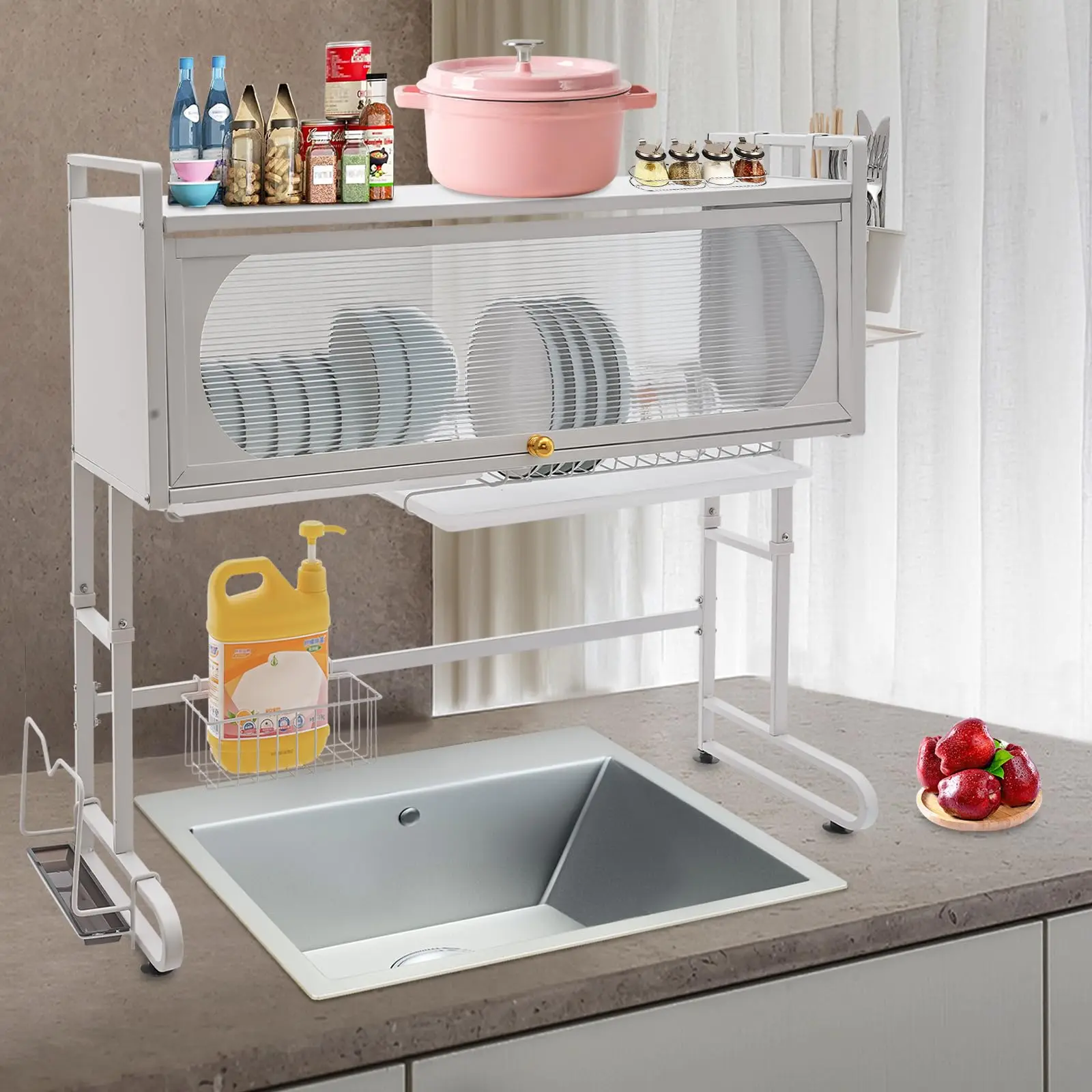 Estante para secar platos sobre el fregadero, estante para platos de altura ajustable con puerta abatible, estante para secar platos sobre el mostrador para fregadero de cocina, blanco