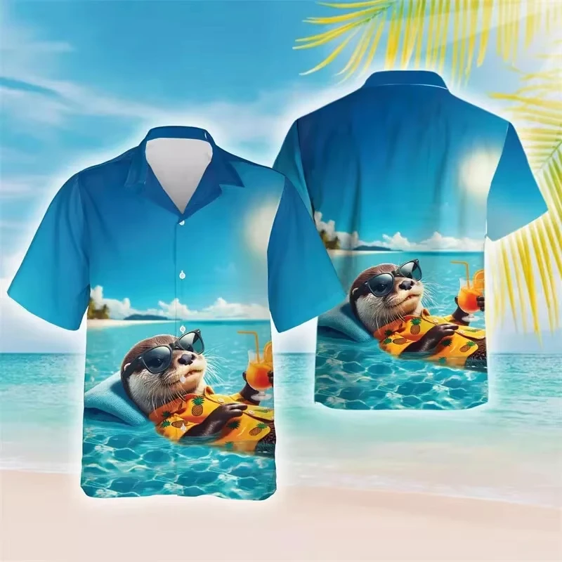 Hot Sale  Men clothe 3D Print Animal Sea Otter Men Hawaiian Shirts Men Fashion Holiday Button-up blouse Men Beach Vacation shirt