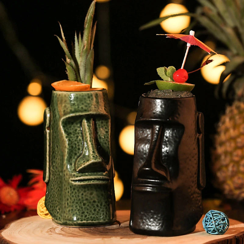 Ceramic Tiki Mugs Tiki Cocktail Cup Food Grade Beer Drinking Cup Handcrafted Cocktail Cups for Tropical Drinks, Bar & Home Decor