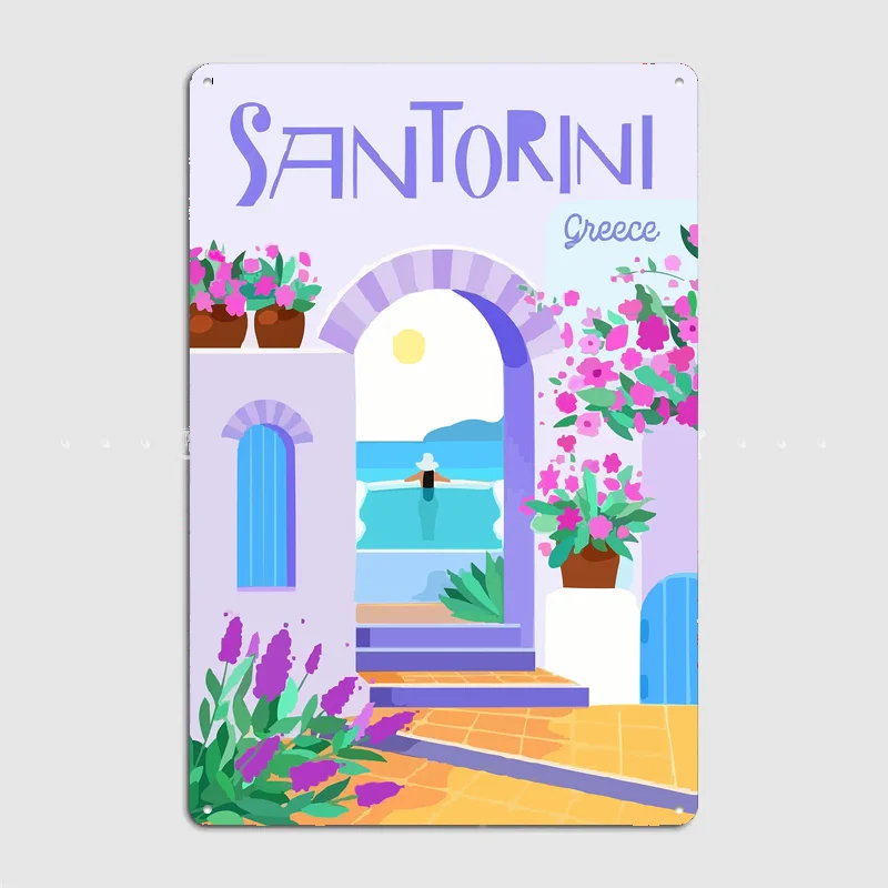 Santorini Greece Illustration Metal Custom Sign Living Room Wall Indoor Decor Room Decoration Bedroom Posters Home Decor