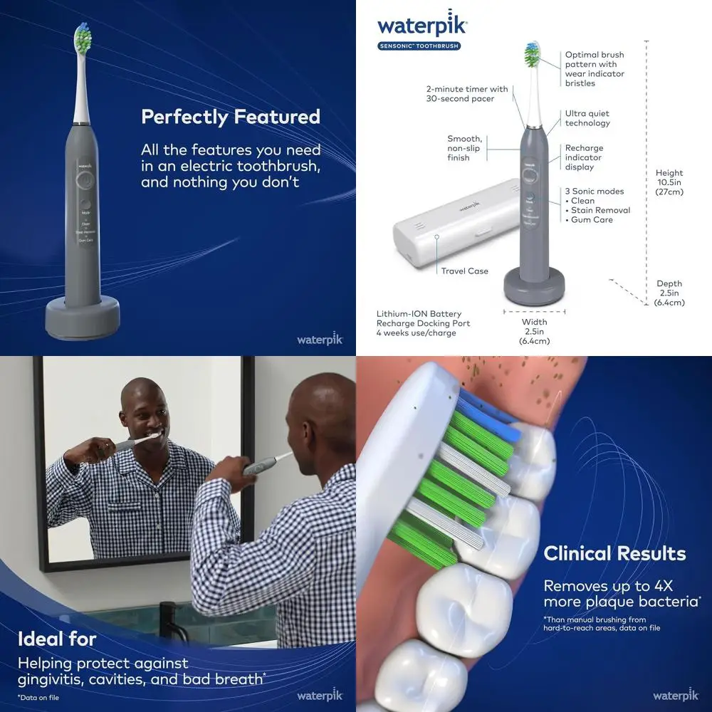 

Adult Electric Toothbrush with 3 Modes, Rechargeable, Travel Case, USB Charger, Modern Gray