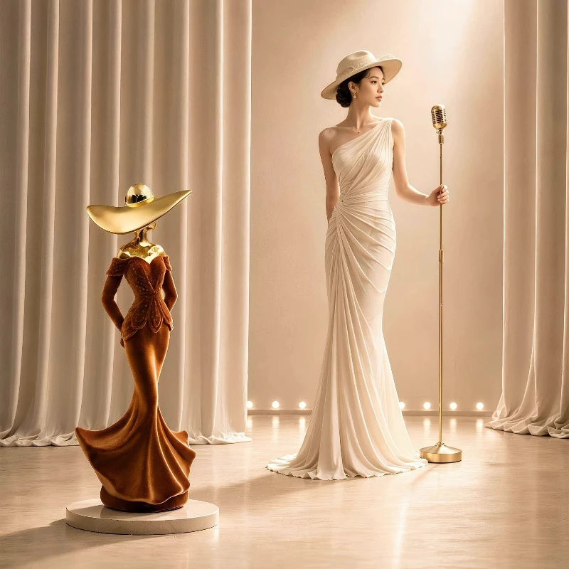 Golden Flocking Girl Decorative Figurines High-end Resin Crafts Abstract Art Figure Sculpture Light Luxury Home LivingRoom Decor