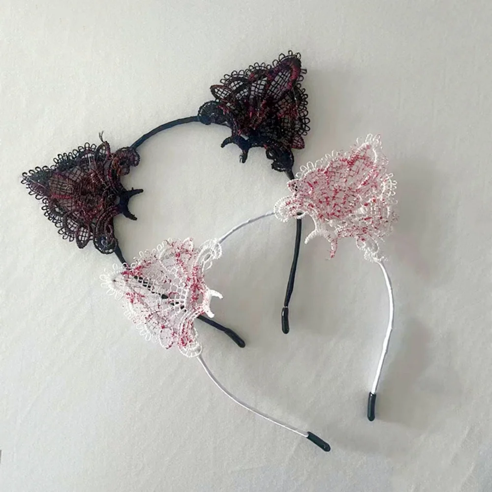 Masque demi-visage en dentelle pour femmes, Sexy, tache de sang rouge, masque de fête d'halloween, ensemble de bandeau d'oreille de chat mignon, fournitures de Cosplay de mascarade
