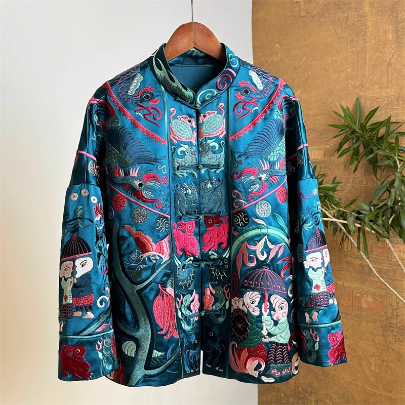 

Spring New Standing Collar Palace Embroidery New Chinese Style Top Women's Elegant Peacock Blue Fashionable Coat M-XXL