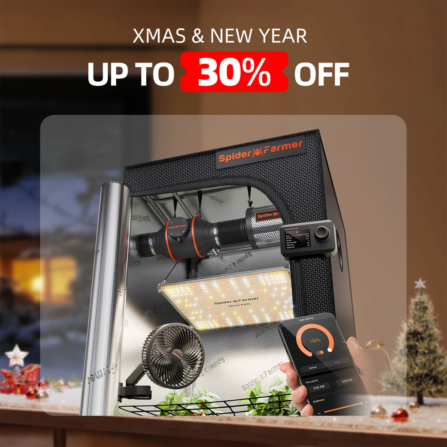 

Spider Farmer 70x70x160cm Smart Grow Tent Kit w/GGS+SF1000 301H EVO Full Spectrum LED+6” Clip Fan+4” Ventilation System