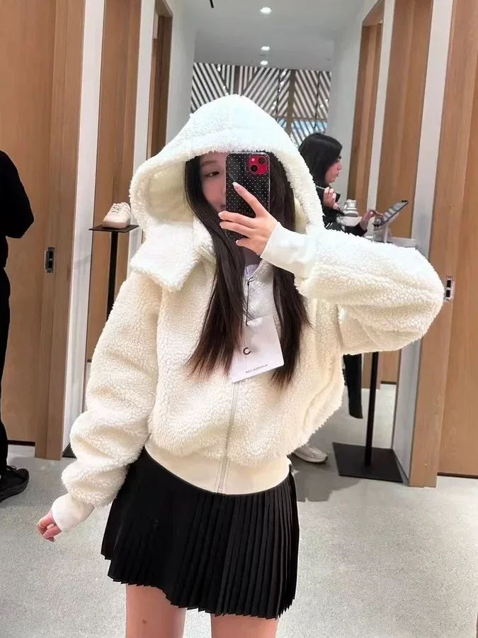 Trendy ort Lamb Fur Hooded Zipper Jaet Women's Loose Casual Cotton Coat Comfortable Korean Sle Commute Thiened Cotton