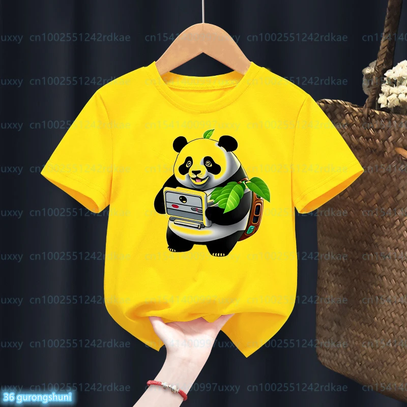 New Summer Style Children'S Tshirt Funny Panda Samurai Cartoon Print Boys T-Shirt Cute Toddler T-Shirt Fashion Yellow Shirt Tops