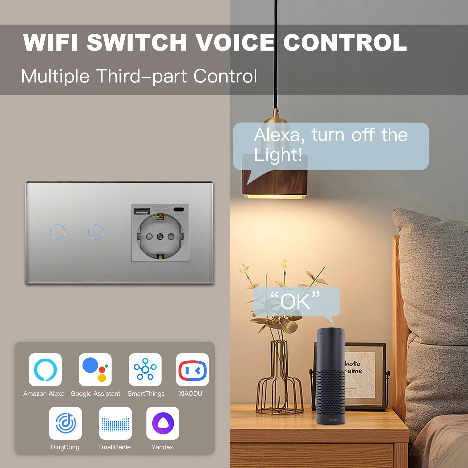 BSEED 1/2/3Gang Wifi Smart Touch Switches Tuya Smart Life Alexa App With EU Sockets USB Type-c Power Ports With Capacitor Gray
