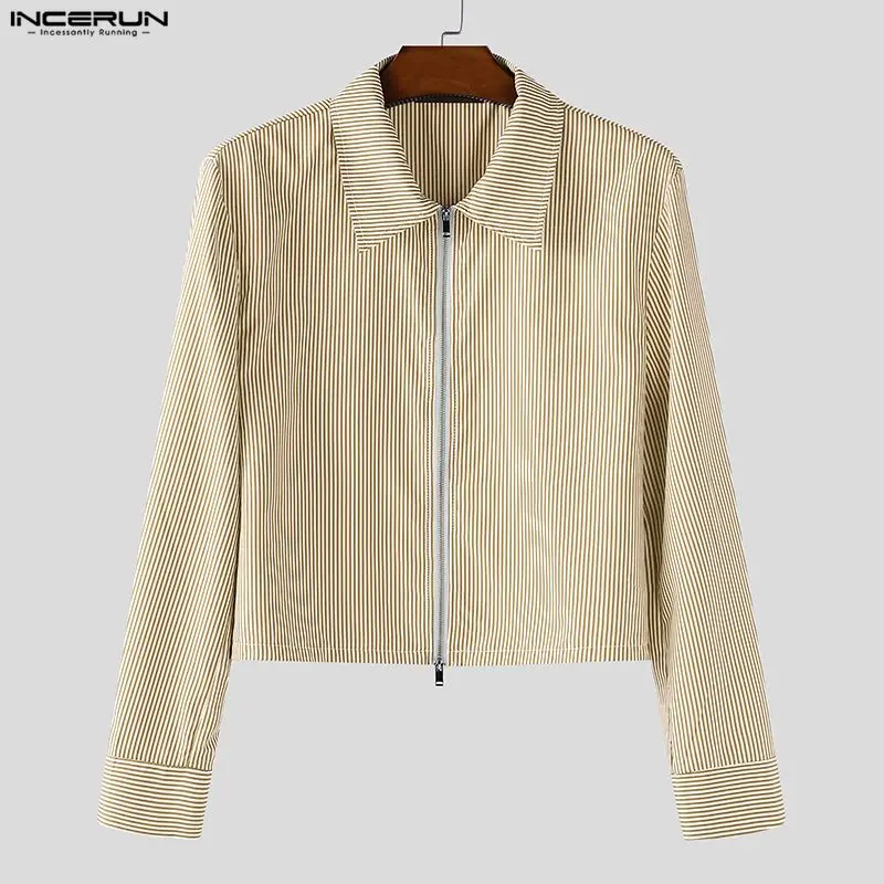 INCERUN الرجال قميص مخطط التلبيب سحاب أكمام طويلة عادية المحاصيل القمم الرجال الشارع الشهير فضفاض الكورية نمط موضة الرجال الملابس S-3XL