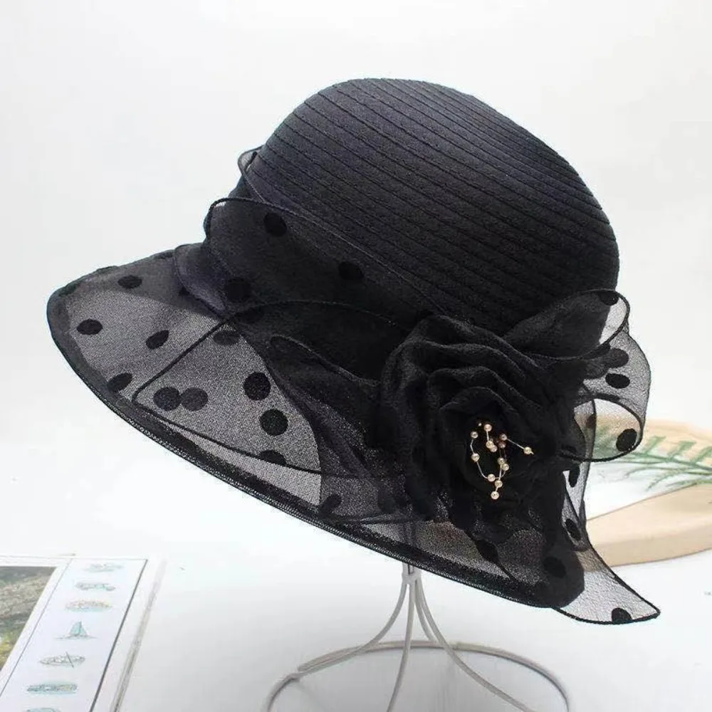 قبعة شمس أنيقة منقطة بلون سادة من الأورجانزا للحماية من الشمس وقبعة ربط قابلة للتنفس