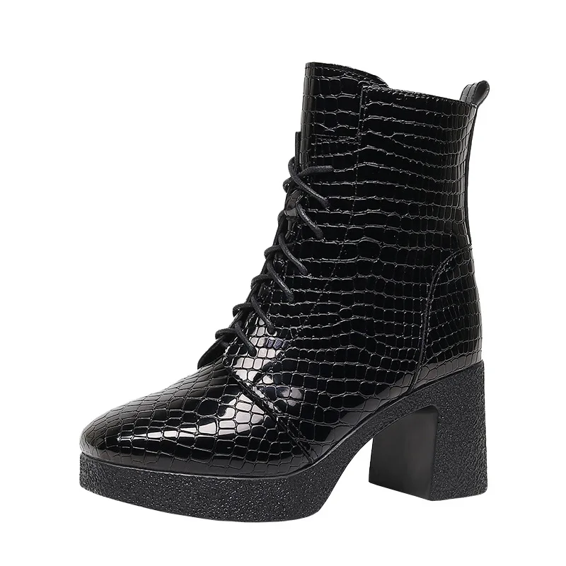 7.5cm Fashion Patent Leather Boots Women's Fall Winter Short Ankle Boots 2026 Block Heel Warm Fur Side Zip Boots Black Office