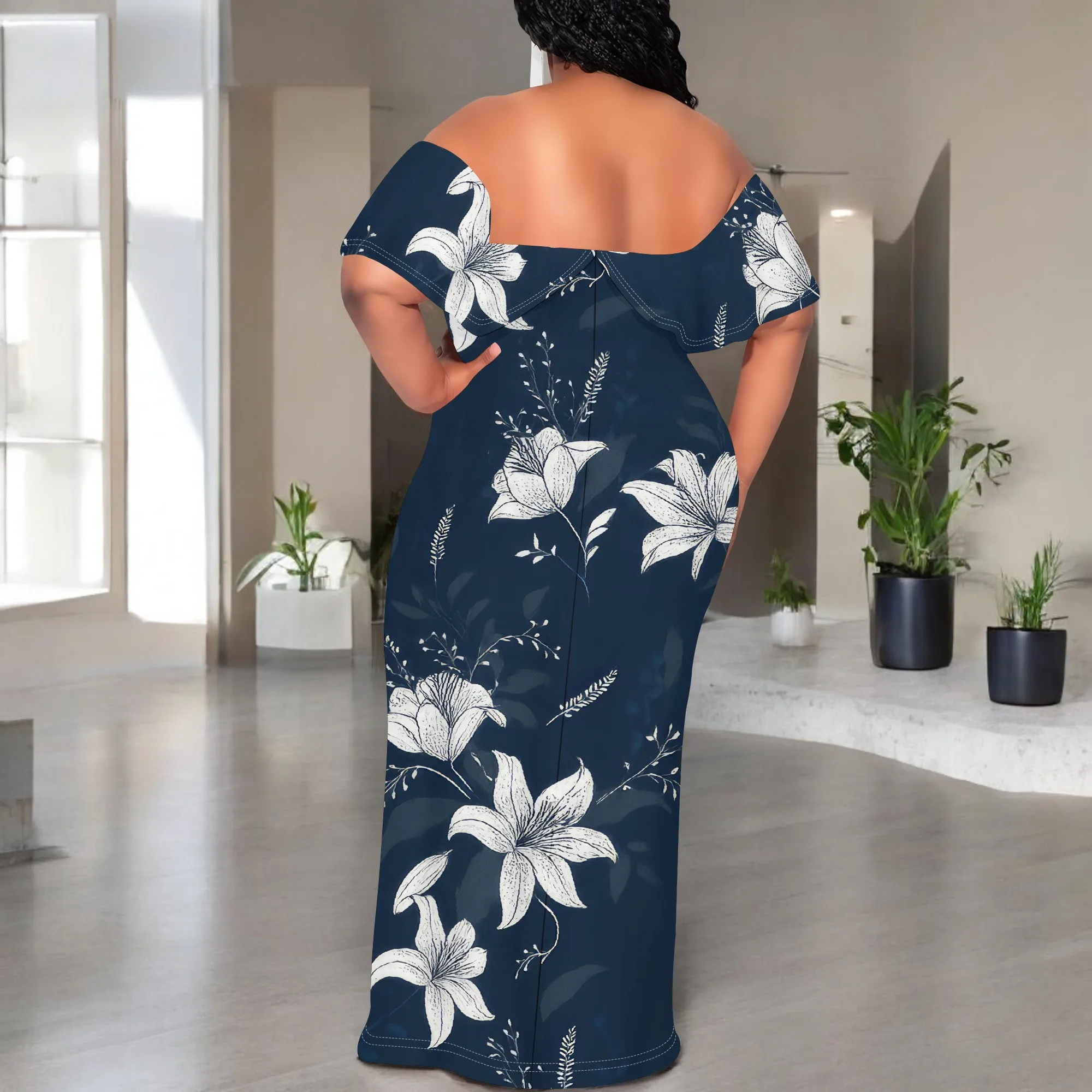 ผู้หญิงปิดไหล่ชุดเซ็กซี่ฮาวายดอกไม้พิมพ์ยาวปาร์ตี้ความยาว Maxi Dress ฤดูร้อนชุดลําลองชายหาด