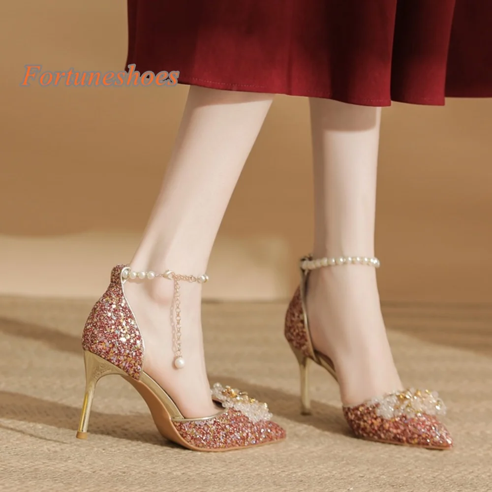 

One Word Belt Buckle Pumps Pointed Toe Bling Chain Rhinestone Pearl Flower Hollow Sandals Wedding Fashion 2025 Newest Sandals