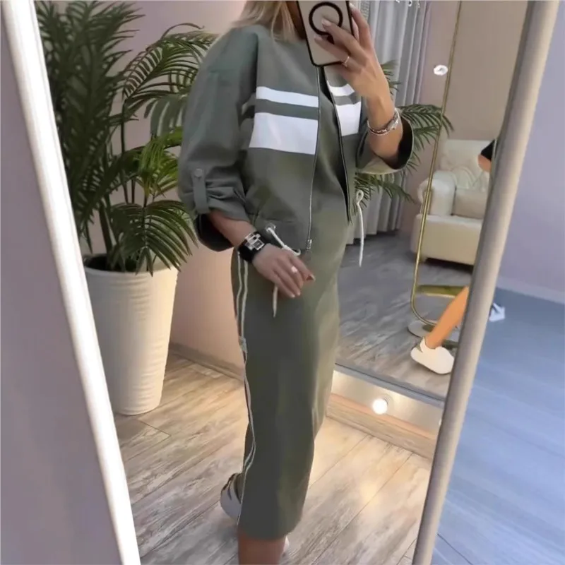 Fashion Sports Dress Women's Set Striped Printed Jacket Drawstring Short Coat + Straight Dress Two-piece Set Casual Sportswear image 2