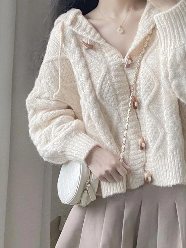 Fashion Simple Y2k Sweaters Hooded Solid Color Long Sleeve Autumn Knit Short Cardigan Preppy Style All Match Women Clothing 2023