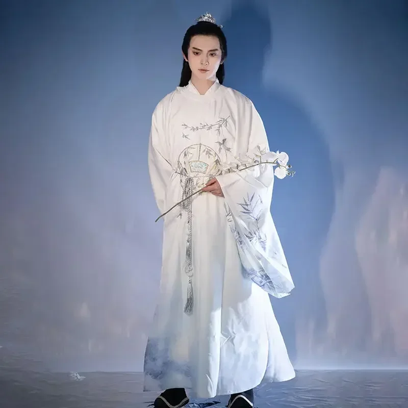 Vestido Hanfu con estampado de bambú blanco Original para hombre, traje de Cosplay con capa cálida de estilo chino para espadachín, invierno, 2023