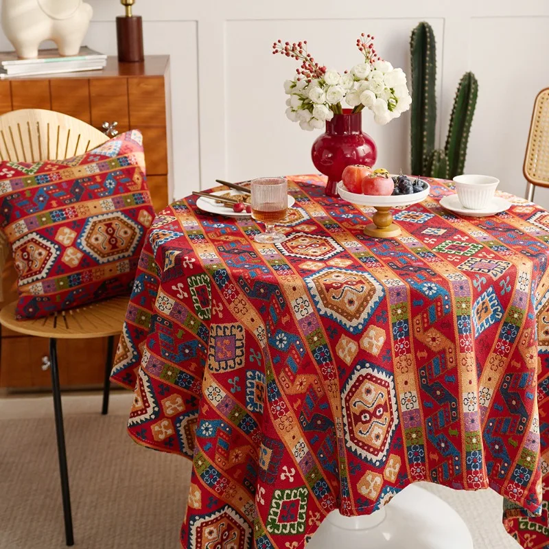 Boho Round Tablecloths Red Badges Pattern Jacquard Table Cloth Mexico Bohemian Style Home Kitchen Decor