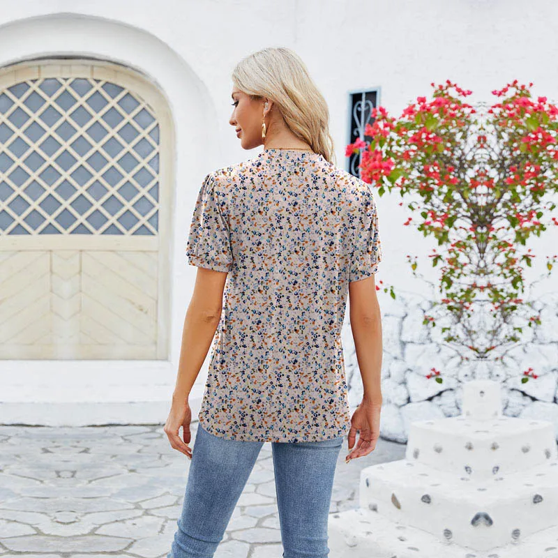 Womens Tunic Tops V Neck Shirts Short Sleeve Summer Puff Pleated Casual Blouses Puff Pleated Work Blouse Fashion Tops