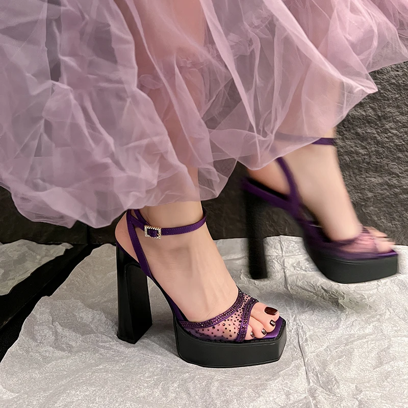 

Модные сетчатые женские сандалии со стразами, пикантные сандалии-гладиаторы на платформе на высоком каблуке, женские модельные туфли большого размера, туфли-лодочки
