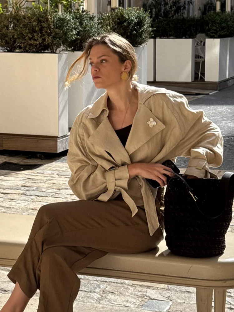 

Women Fashion Full Sleeve Lapel Short Trench Coat Casual Khaki Lace Up Pocket Short Jacket Autumn Lady Highstreet Commute Top