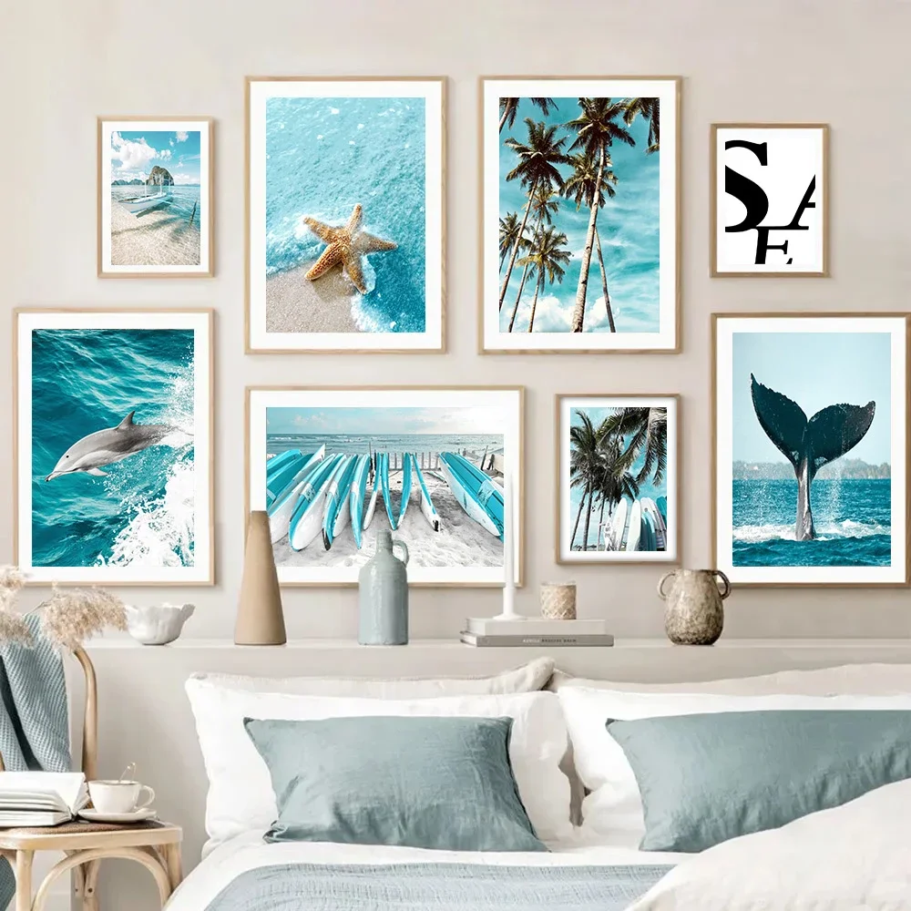 

Dolphin Whale Starfish Canvas Painting Coconut Tree Posters Sea Beach Art Prints Surfboard Wall Pictures Living Room Home Decor