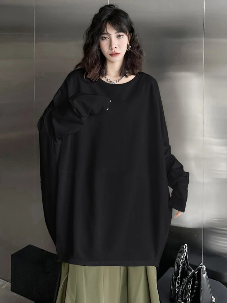 [EAM] Women White Oversized Big Size Casual T-shirt New Round Neck Long Batwing Sleeve Fashion Tide Spring Autumn 2024 1DH0798