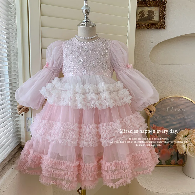 

Girls' Dress 2025 Autumn New Style Children's Princess Skirt Long Sleeved Heavy Duty Fluffy Skirt Mesh Cake Dress