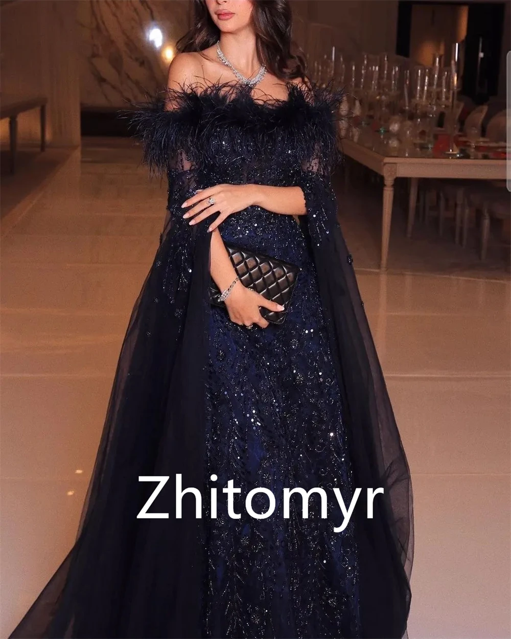 Customized Tulle Sequined Beading Feather Ruched Beach A-line Off-the-shoulder Bespoke Occasion Gown Long Dresses