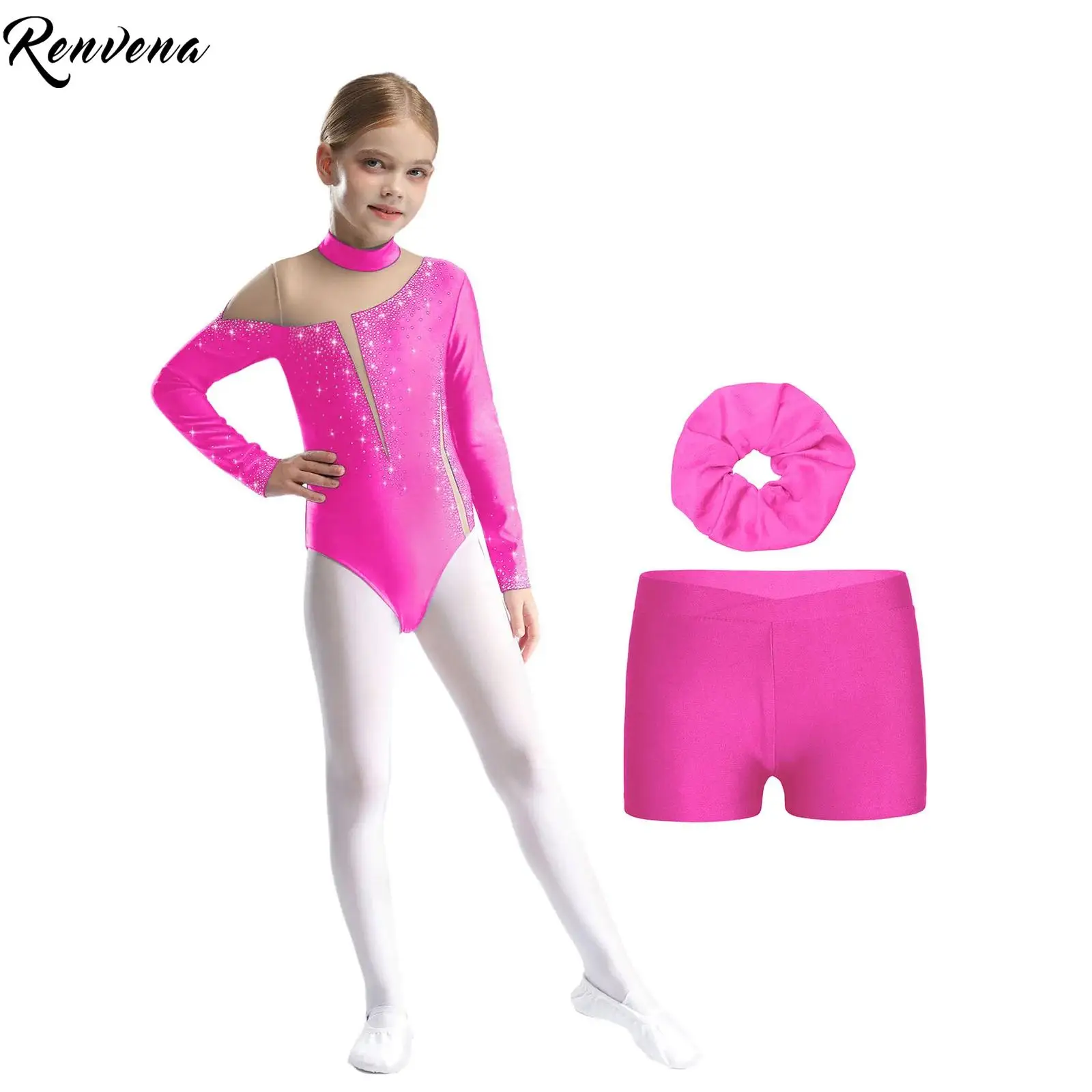 Chándal deportivo para niñas, conjuntos de patinaje artístico para Ballet, gimnasia, leotardo de manga larga con diamantes de imitación y pantalones cortos con abertura en la espalda