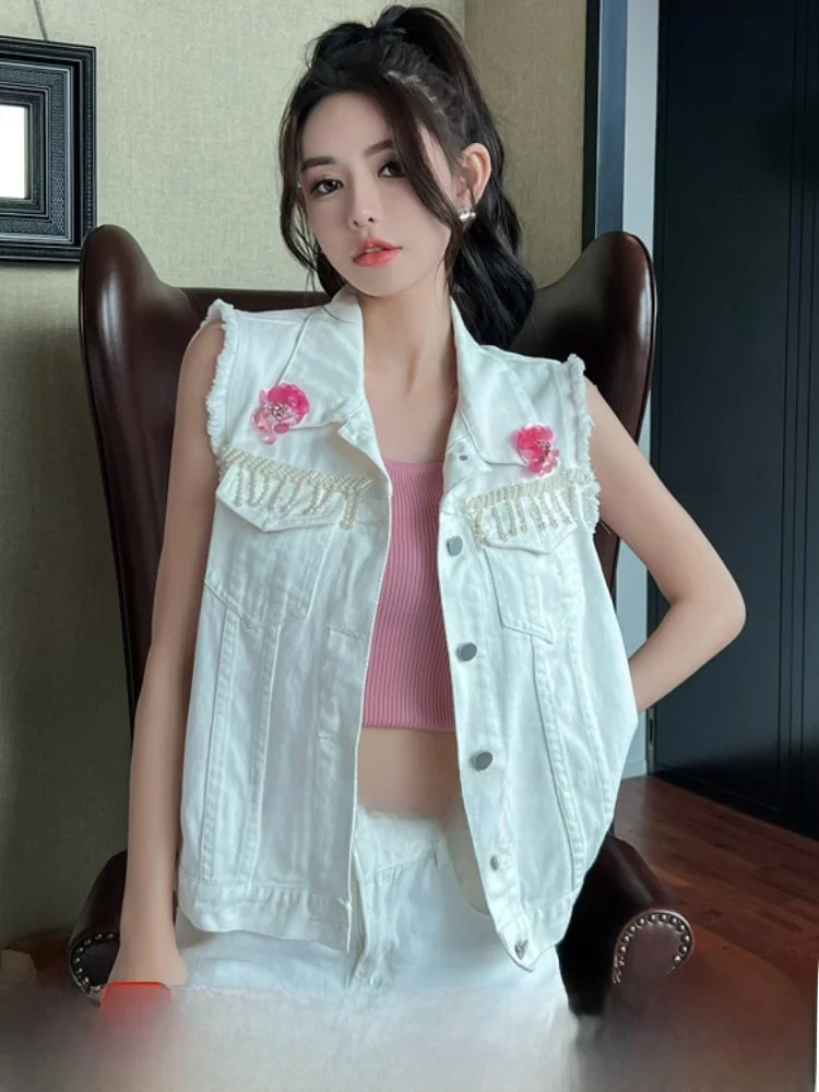 

Свободный женский джинсовый жилет-кардиган с бриллиантовой отделкой, модная верхняя одежда для повседневной носки, стандартная длина, однотонный