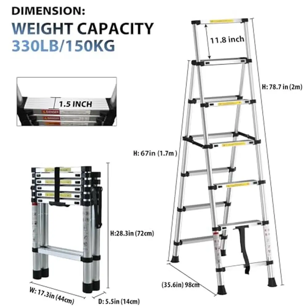 Telescopic Ladder Aluminum 6FT 7FT 5 Step Collapsible Folding Anti-Slip Wide Pedal Stool Stairs EN131 Certified 330lb Load