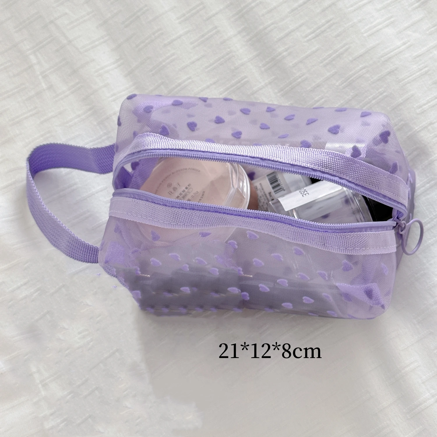 Purple Mesh Love Cosmetic Bag Multi-functional Portable Visible Storage Bag Portable Travelling Wash Bag