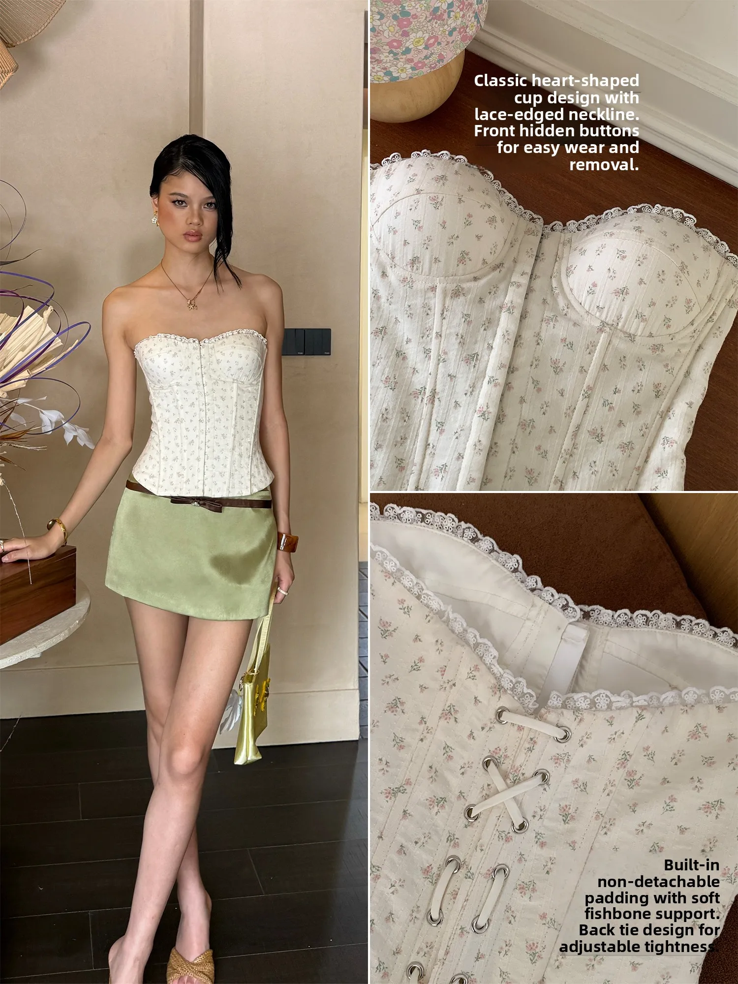 Audwyn Floral Fishbone Strapless Top Women's Slimming Waistcoat Outerwear Street Style Regular Length Summer 2026