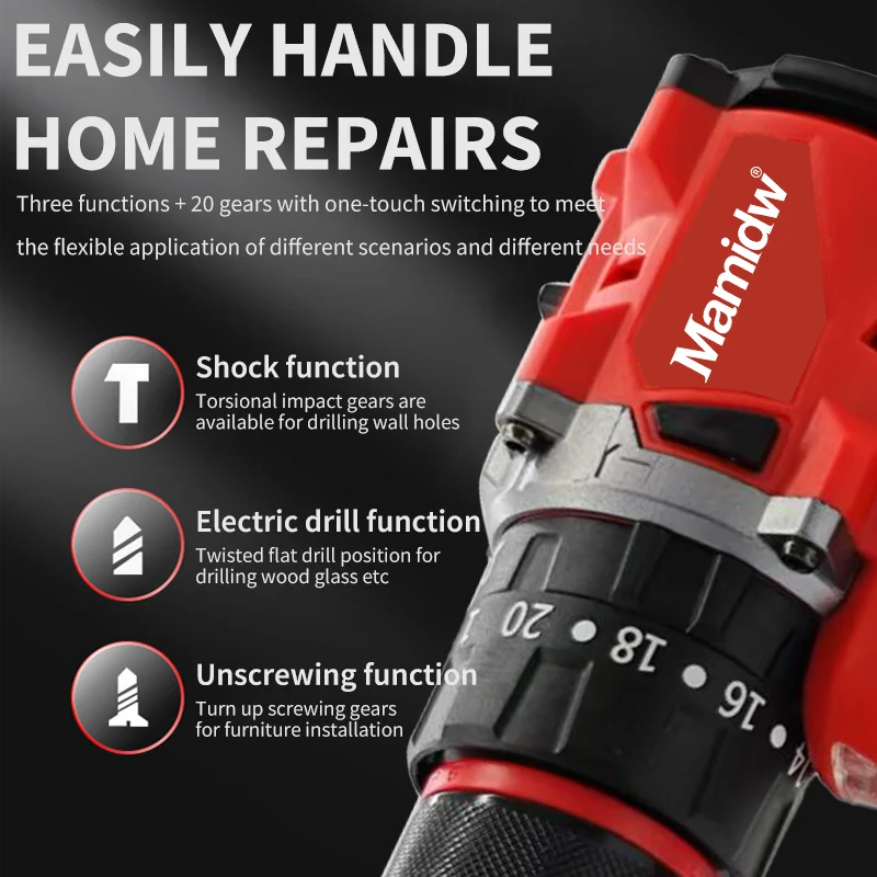 Mamidw 150N.M 브러시리스 전기 임팩트 드릴 LED 조명 무선 스크루 드라이버 밀워키 18V 배터리 충전식