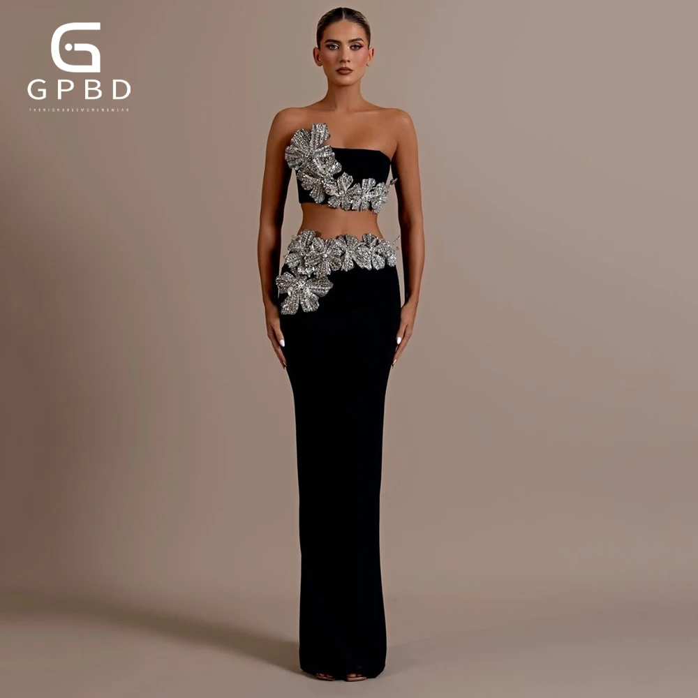  2025 New Women'S Black Sexy Strapless Shiny Diamond Flower Two-Piece Short Top+Long Skirt Tight Party Bandage Set